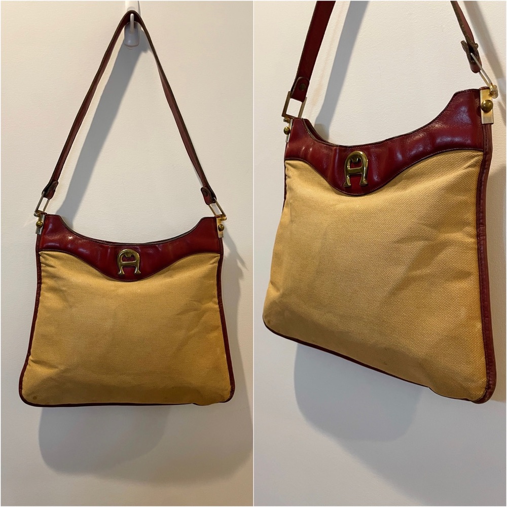 RARE Vintage 70s Etienne Aigner Burgundy Leather and Linen Saddle Bag Handbag